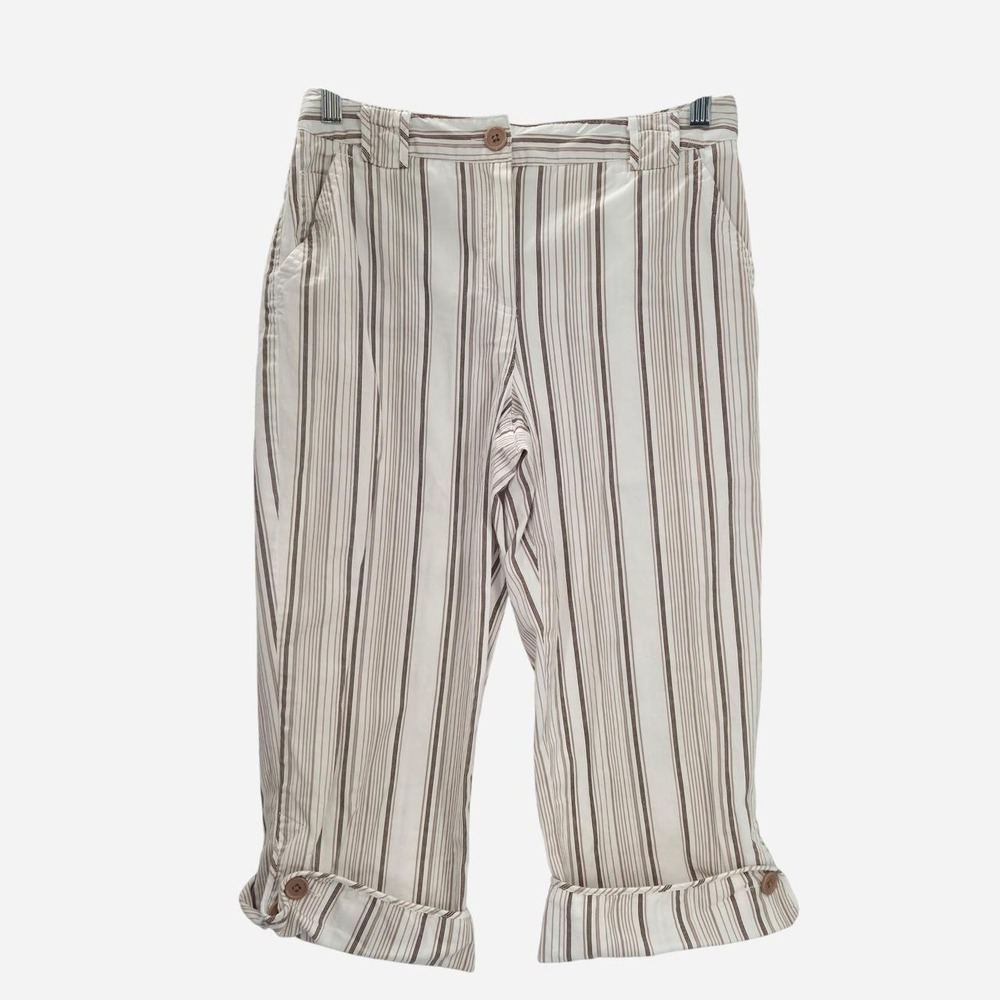 Larry Levine Y2K capris with neutral tan and brown stripes.
